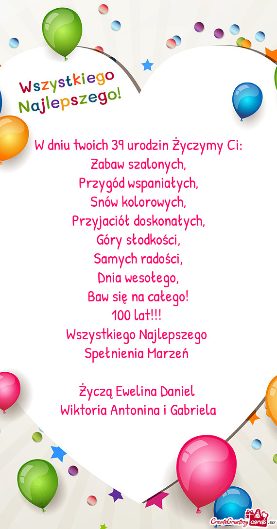 W dniu twoich 39 urodzin Życzymy Ci