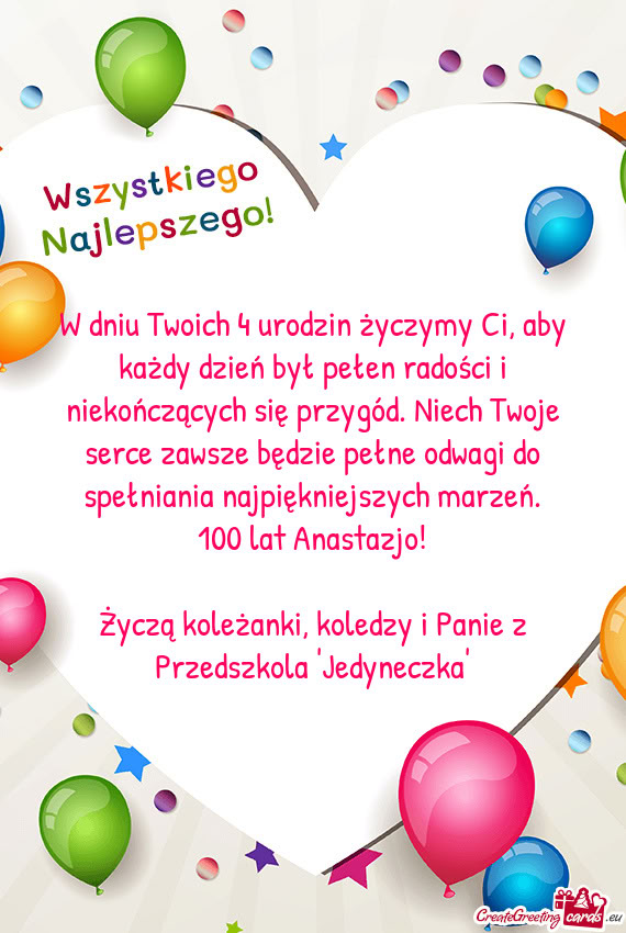 W dniu Twoich 4 urodzin życzymy Ci, aby każdy dzień był pełen radości i niekończących się p