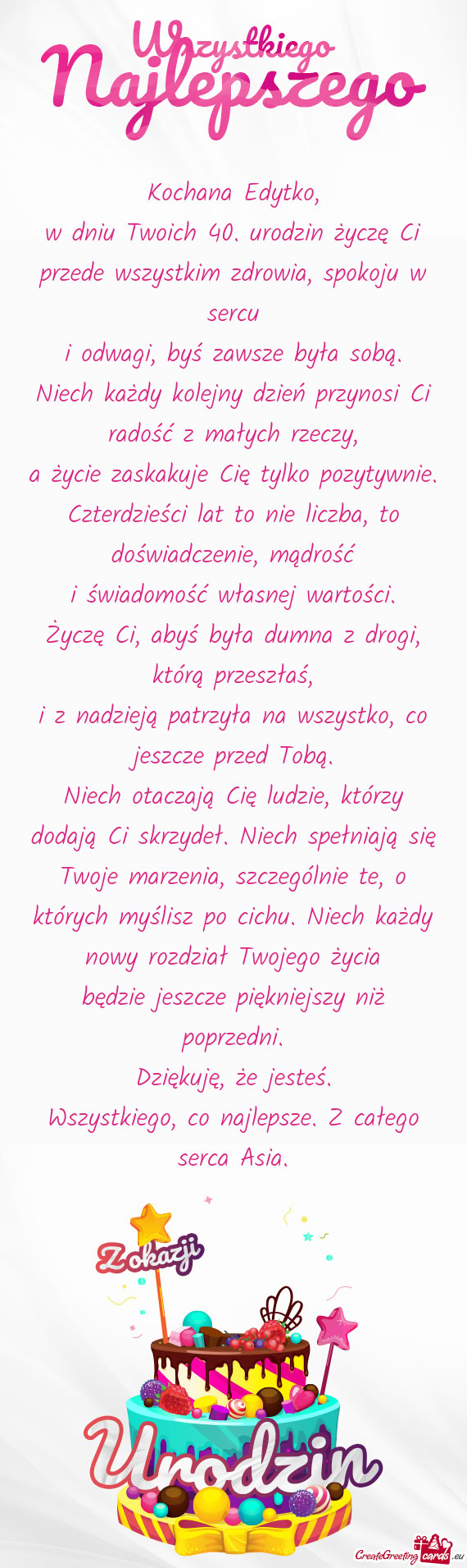 W dniu Twoich 40. urodzin życzę Ci przede wszystkim zdrowia, spokoju w sercu