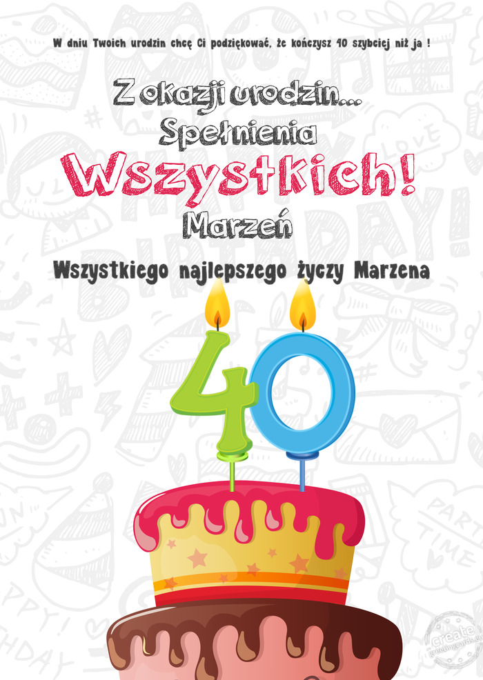 W dniu Twoich urodzin chcę Ci podziękować, że kończysz 40 szybciej niż ja ! Kartka z okazji 40