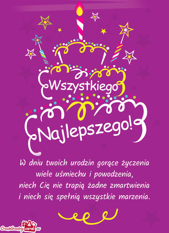 W dniu twoich urodzin gorące życzenia  wiele uśmiechu i powodzenia,  niech