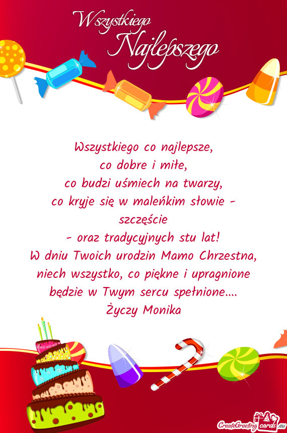 W dniu Twoich urodzin Mamo Chrzestna, niech wszystko, co piękne i upragnione będzie w Twym sercu s