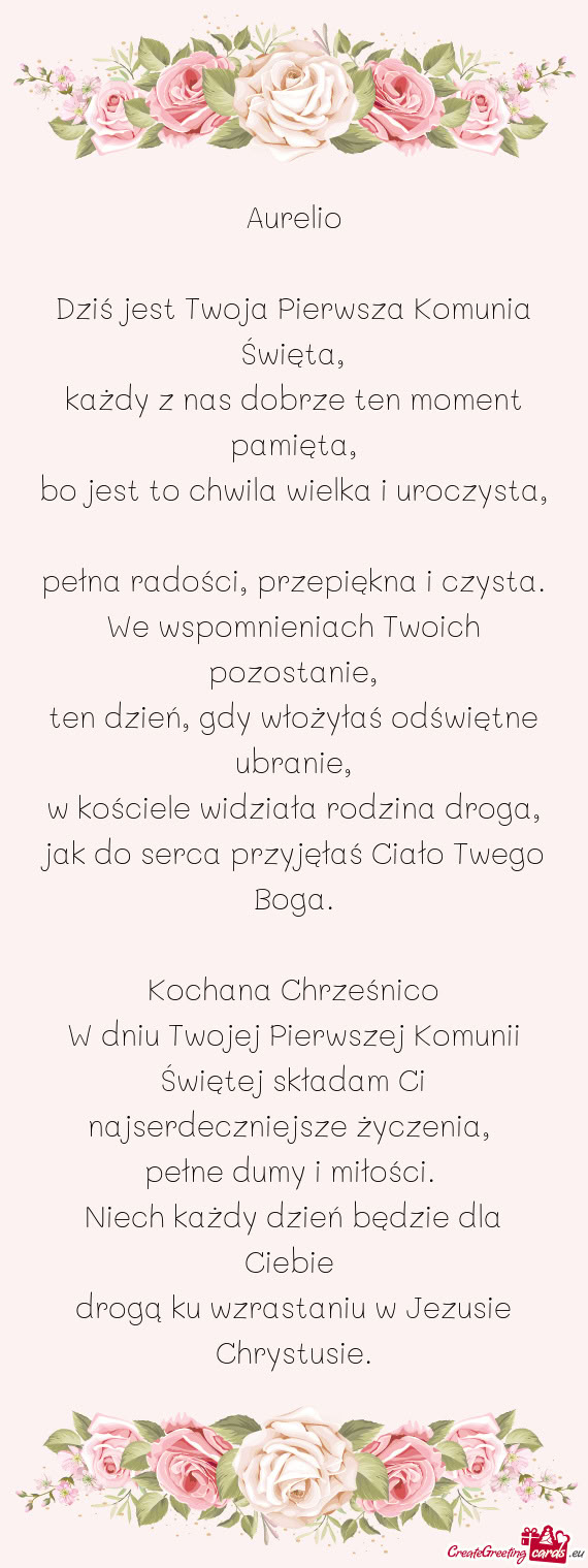 W dniu Twojej Pierwszej Komunii Świętej składam Ci najserdeczniejsze życzenia