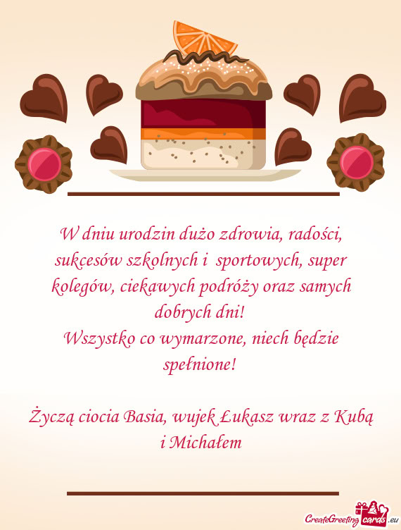 W dniu urodzin dużo zdrowia, radości, sukcesów szkolnych i sportowych, super kolegów, ciekawych