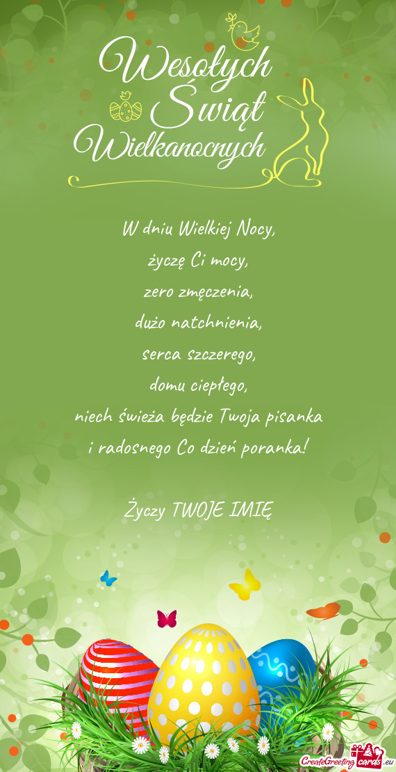 W dniu Wielkiej Nocy,  życzę Ci mocy,  zero zmęczenia,  dużo natchnienia,