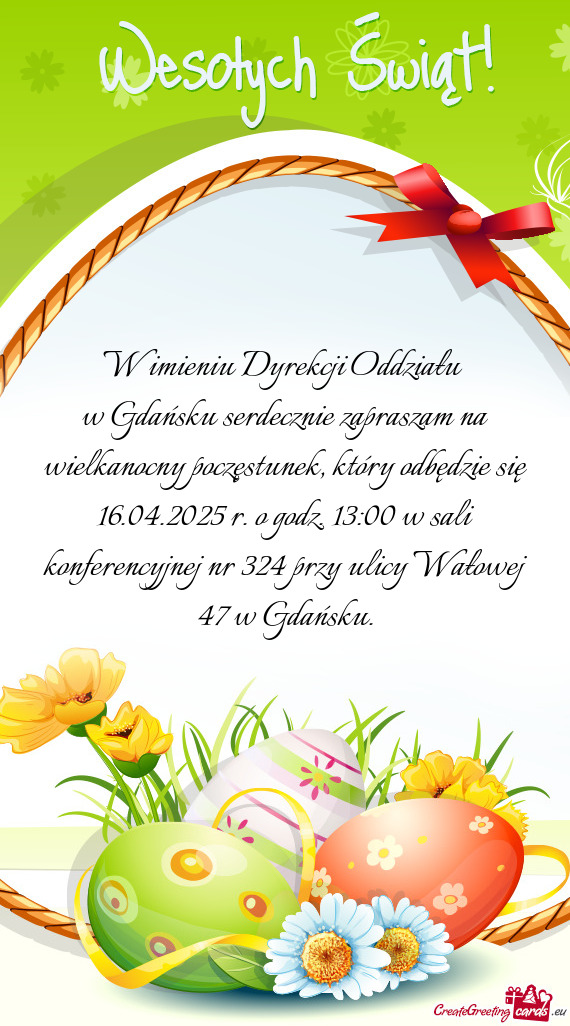 W Gdańsku serdecznie zapraszam na wielkanocny poczęstunek, który odbędzie się 16.04.2025 r. o g