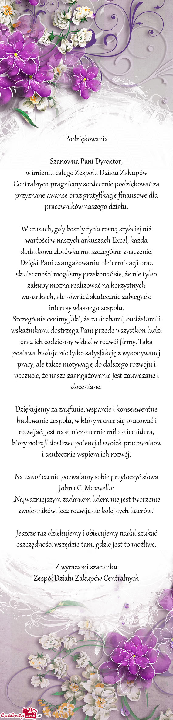 W imieniu całego Zespołu Działu Zakupów Centralnych pragniemy serdecznie podziękować za przyzn