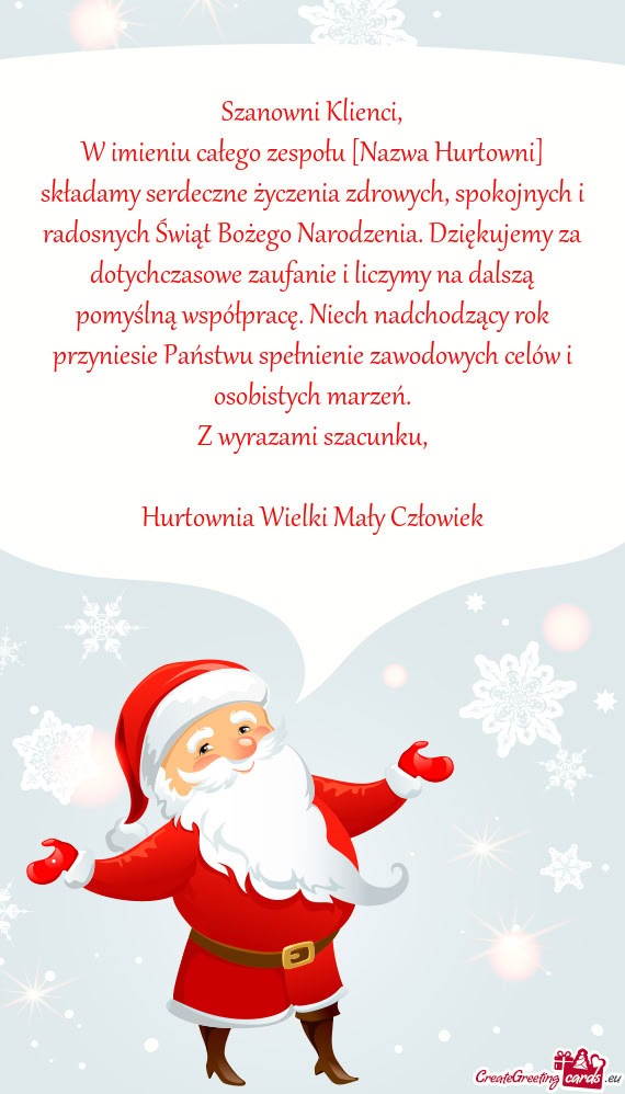 W imieniu całego zespołu [Nazwa Hurtowni] składamy serdeczne życzenia zdrowych, spokojnych i rad
