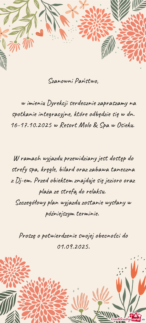 W imieniu Dyrekcji serdecznie zapraszamy na spotkanie integracyjne, które odbędzie się w dn