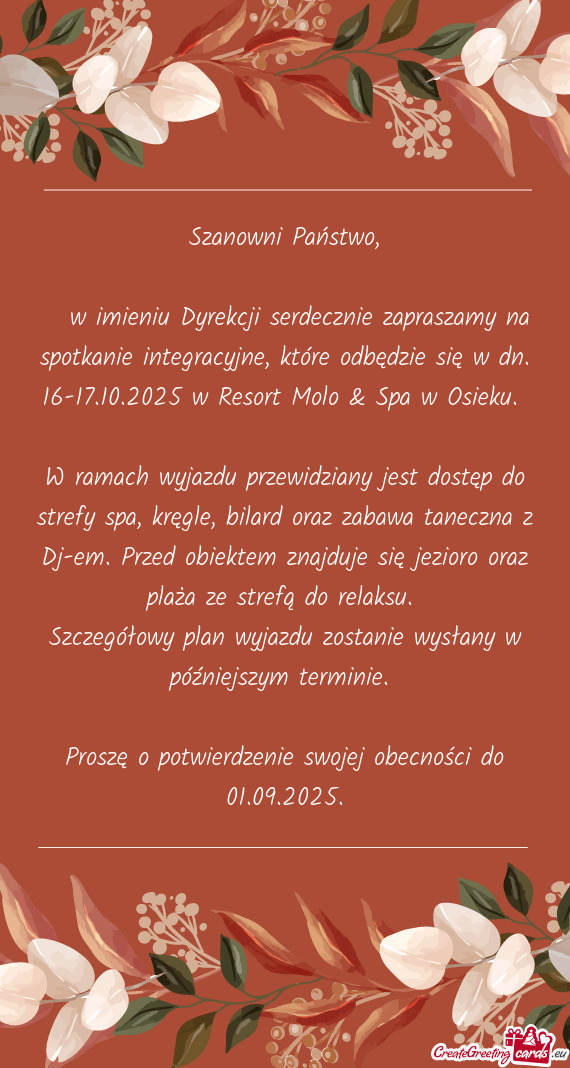 W imieniu Dyrekcji serdecznie zapraszamy na spotkanie integracyjne, które odbędzie się w dn. 1
