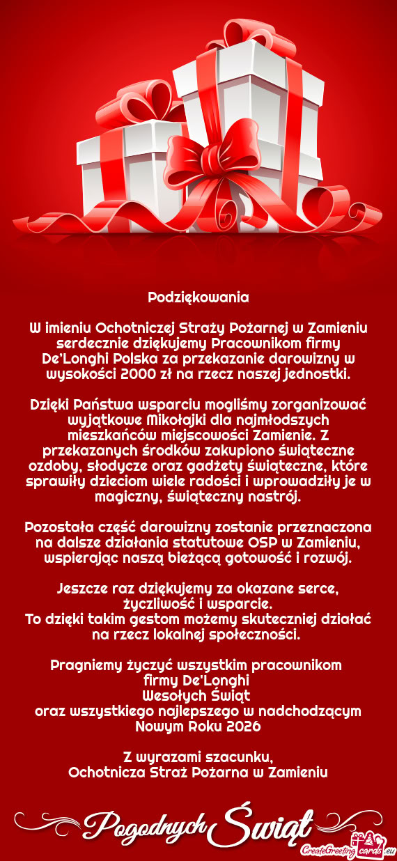 W imieniu Ochotniczej Straży Pożarnej w Zamieniu serdecznie dziękujemy Pracownikom firmy De’Lon