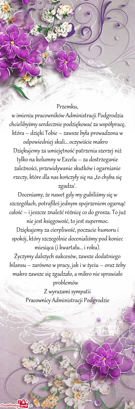 W imieniu pracowników Administracji Podgrodzia chcielibyśmy serdecznie podziękować za współpra
