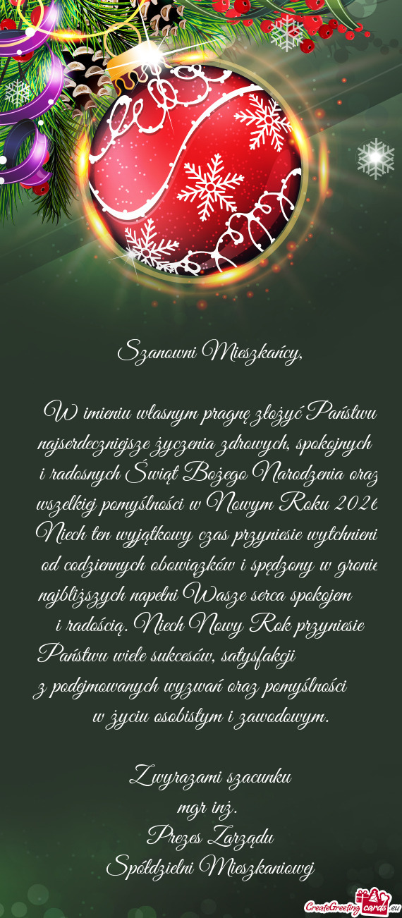 W imieniu własnym pragnę złożyć Państwu najserdeczniejsze życzenia zdrowych, spokojnych i r