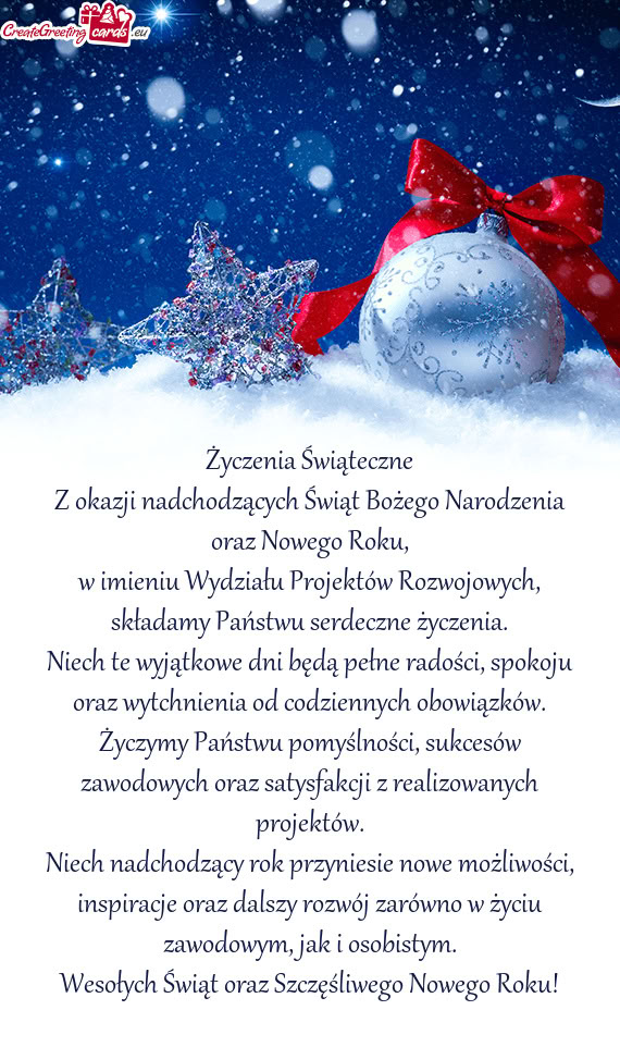 W imieniu Wydziału Projektów Rozwojowych, składamy Państwu serdeczne życzenia