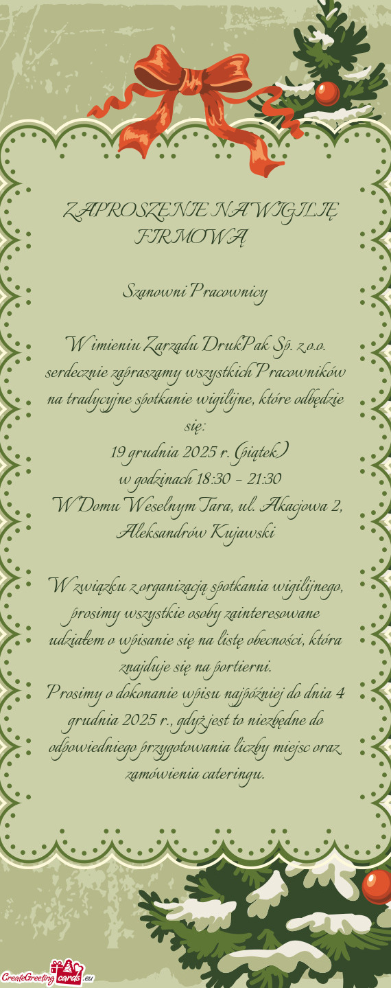 W imieniu Zarządu DrukPak Sp. z o.o. serdecznie zapraszamy wszystkich Pracowników na tradycyjne sp