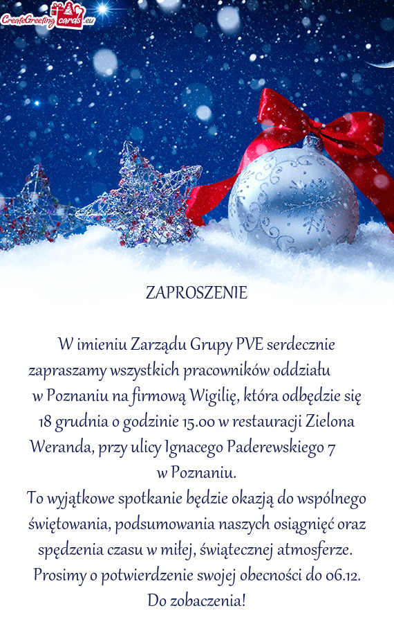 W imieniu Zarządu Grupy PVE serdecznie zapraszamy wszystkich pracowników oddziału   w Poz