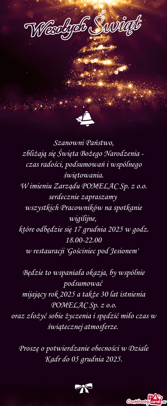 W imieniu Zarządu POMELAC Sp. z o.o. serdecznie zapraszamy