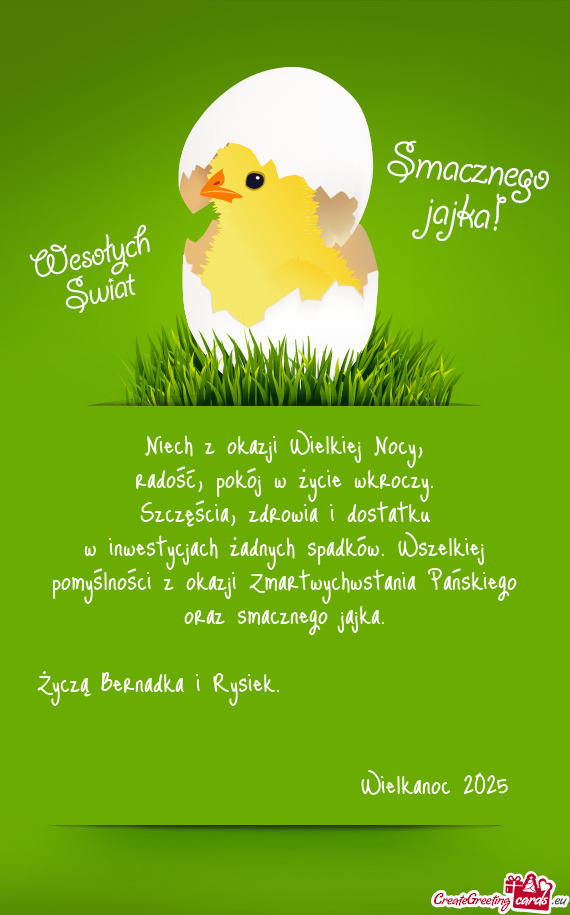 W inwestycjach żadnych spadków. Wszelkiej pomyślności z okazji Zmartwychwstania Pańskiego oraz