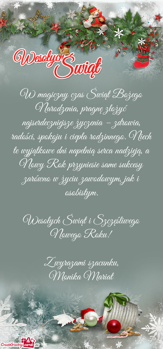 W magiczny czas Świąt Bożego Narodzenia, pragnę złożyć najserdeczniejsze życzenia – zdrowi