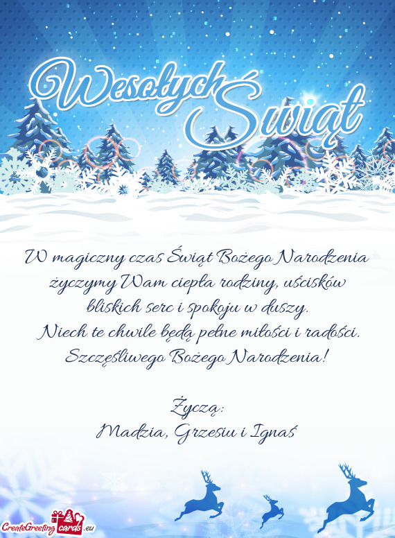 W magiczny czas Świąt Bożego Narodzenia życzymy Wam ciepła rodziny, uścisków bliskich serc i