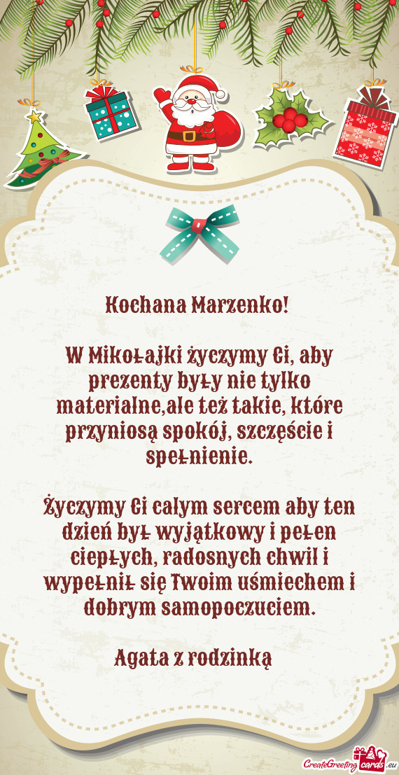 W Mikołajki życzymy Ci, aby prezenty były nie tylko materialne,ale też takie, które przyniosą