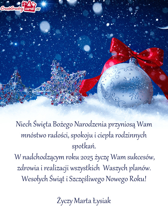 W nadchodzącym roku 2025 życzę Wam sukcesów, zdrowia i realizacji wszystkich Waszych planów