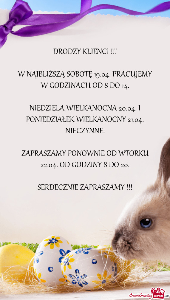 W NAJBLIŻSZĄ SOBOTĘ 19.04. PRACUJEMY W GODZINACH OD 8 DO 14