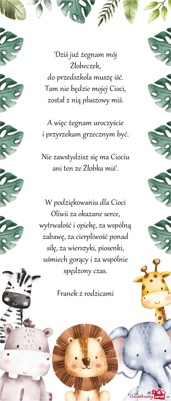 W podziękowaniu dla Cioci Oliwii za okazane serce