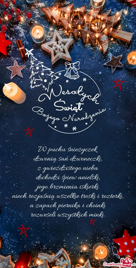 W puchu śnieżyczek  dzwonią sań dzwoneczki,  z gwieździstego nieba