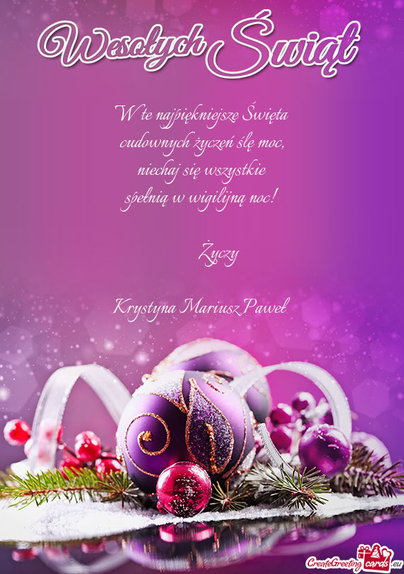 W te najpiękniejsze Święta  cudownych życzeń ślę moc,  niechaj się