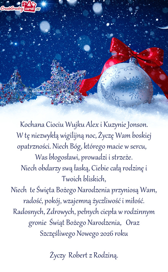 W tę niezwykłą wigilijną noc, Życzę Wam boskiej opatrzności. Niech Bóg, którego macie w ser