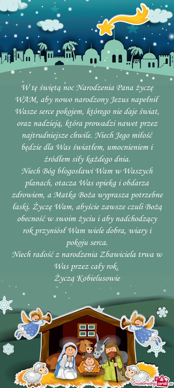 W tę świętą noc Narodzenia Pana życzę WAM, aby nowo narodzony Jezus napełnił Wasze serce pok