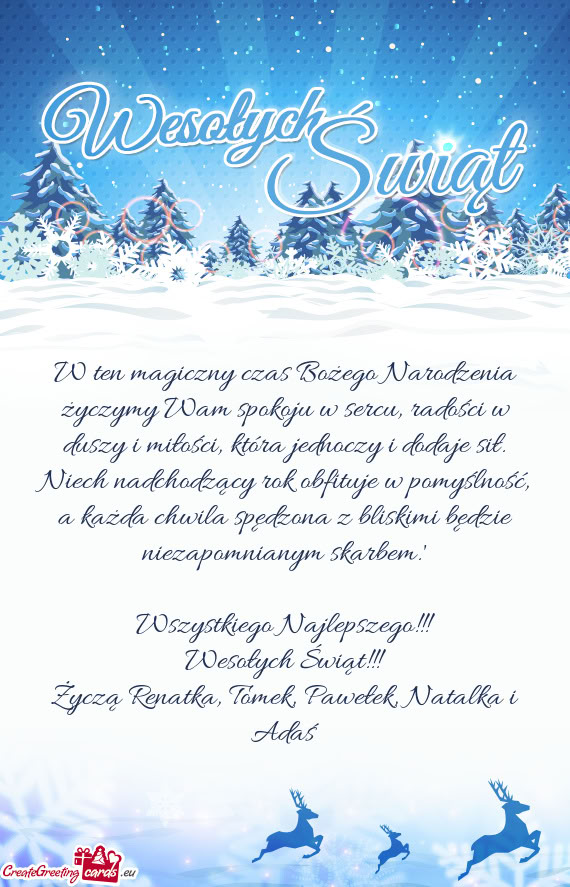 W ten magiczny czas Bożego Narodzenia życzymy Wam spokoju w sercu, radości w duszy i miłości, k