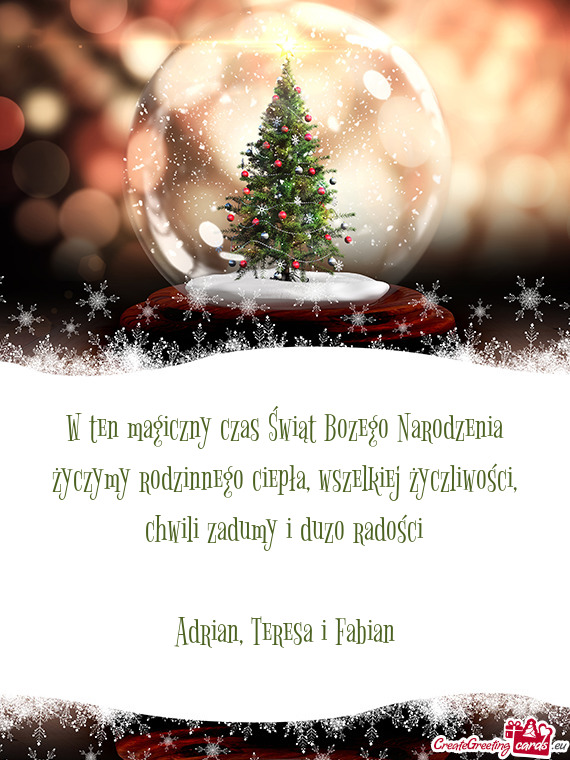 W ten magiczny czas Świąt Bozego Narodzenia życzymy rodzinnego ciepła, wszelkiej życzliwości