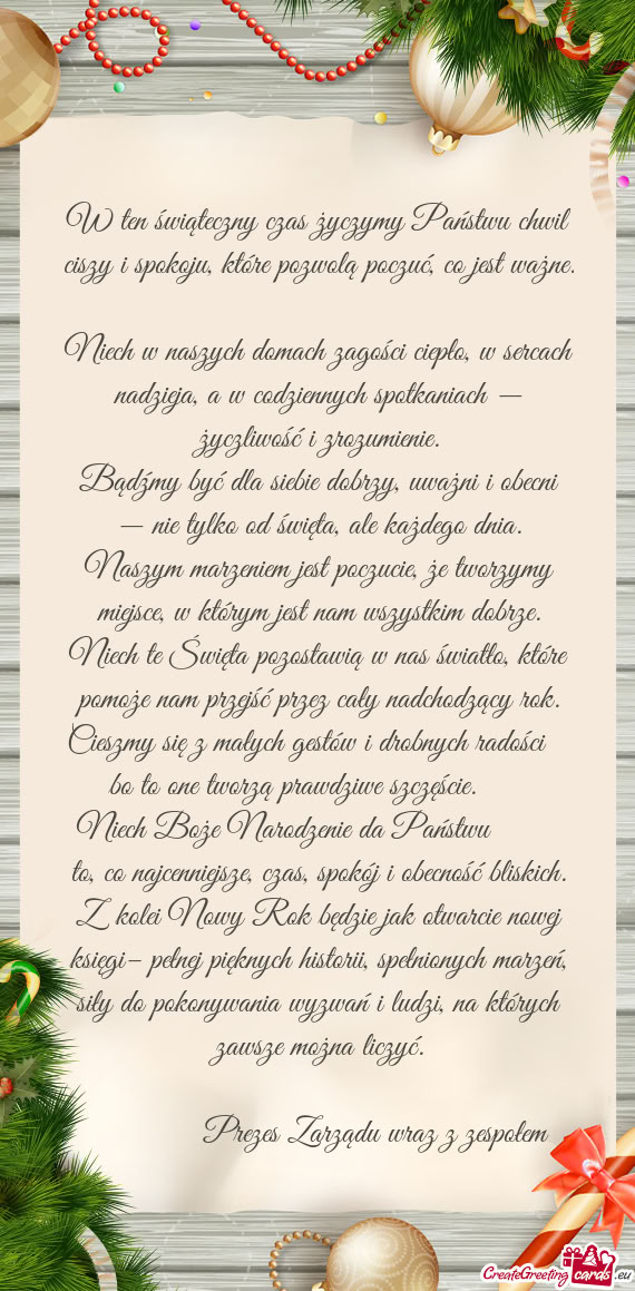 W ten świąteczny czas życzymy Państwu chwil ciszy i spokoju, które pozwolą poczuć, co jest wa