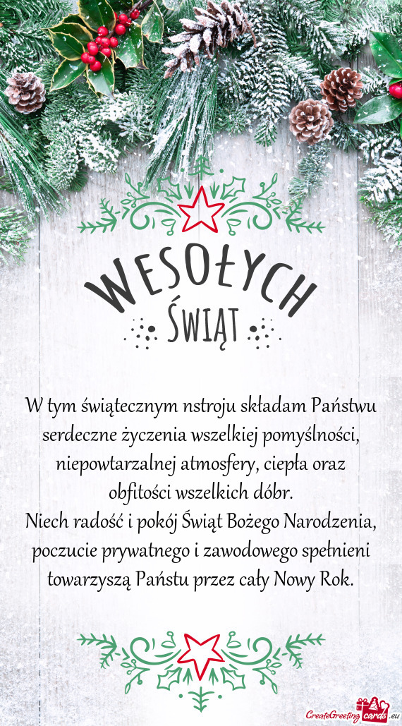 W tym świątecznym nstroju składam Państwu serdeczne życzenia wszelkiej pomyślności, niepowtar