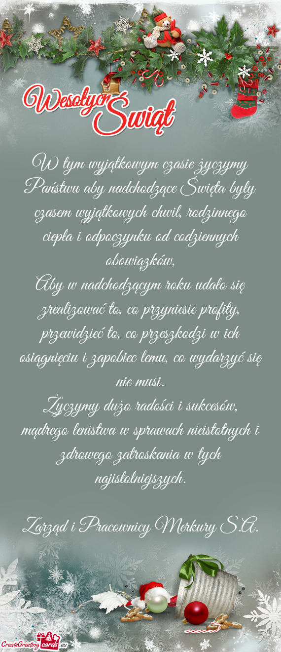 W tym wyjątkowym czasie życzymy Państwu aby nadchodzące Święta były czasem wyjątkowych chwil