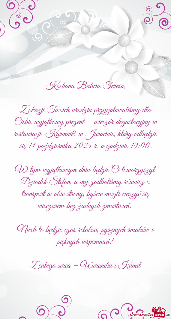 W tym wyjątkowym dniu będzie Ci towarzyszył Dziadek Stefan, a my zadbaliśmy również o transpor