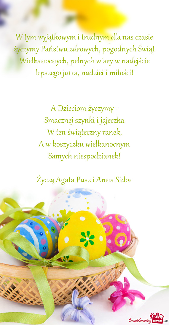 W tym wyjątkowym i trudnym dla nas czasie życzymy Państwu zdrowych, pogodnych Świąt Wielkanocny