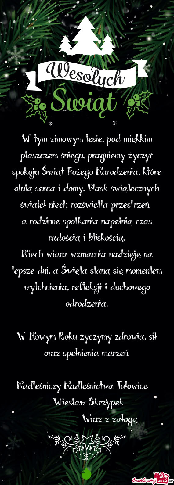 W tym zimowym lesie, pod miękkim płaszczem śniegu, pragniemy życzyć spokoju Świąt Bożego Nar
