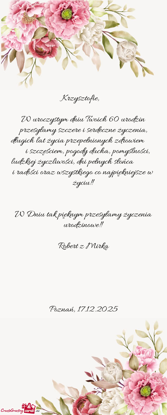 W uroczystym dniu Twoich 60 urodzin
