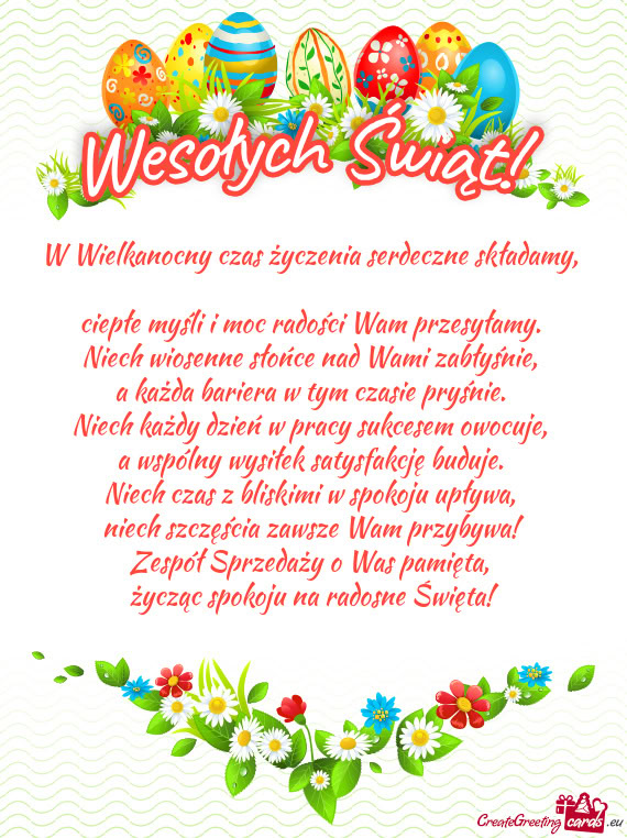 W Wielkanocny czas życzenia serdeczne składamy