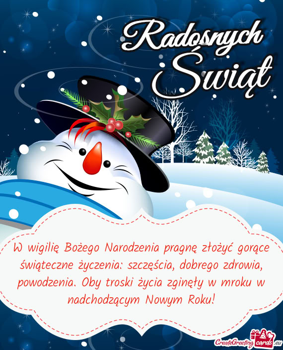 W wigilię Bożego Narodzenia pragnę złożyć gorące świąteczne życzenia: szczęścia, dobrego