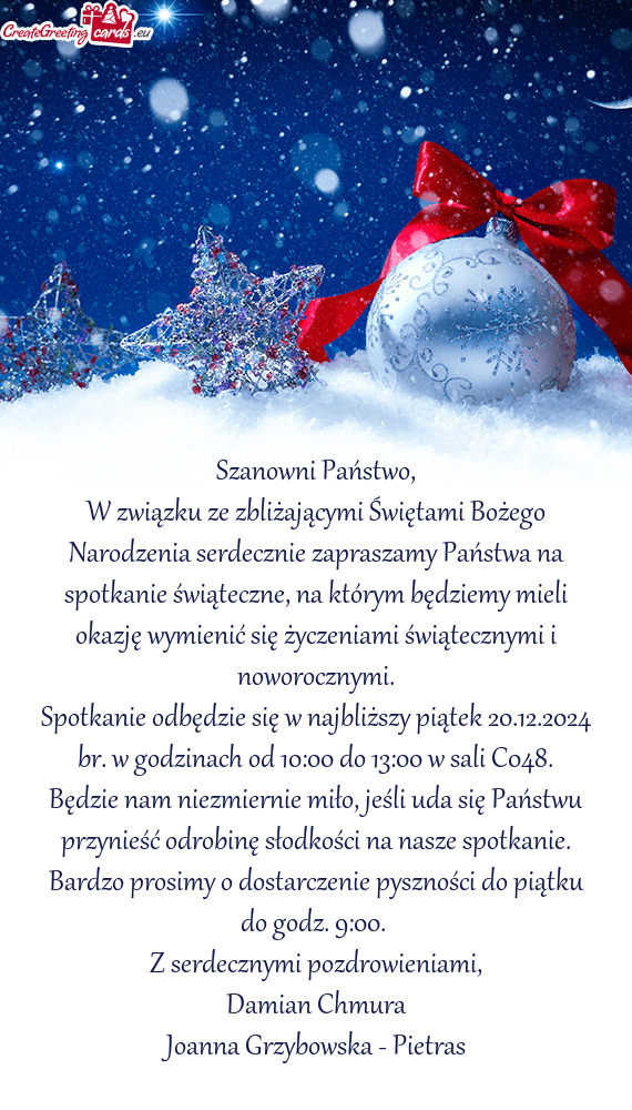 W związku ze zbliżającymi Świętami Bożego Narodzenia serdecznie zapraszamy Państwa na spotkan