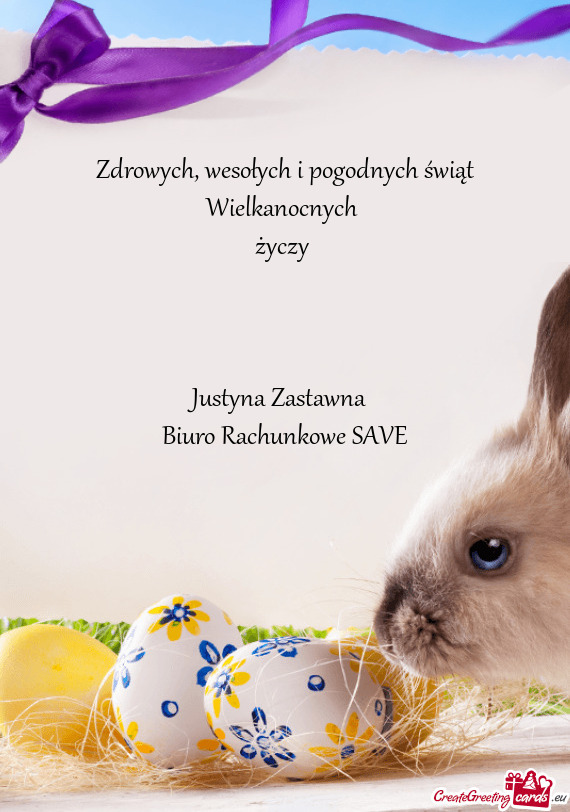Wesołych i pogodnych świąt Wielkanocnych 
 życzy 
 
 
 
 Justyna Zastawna 
 Biuro Rachunkowe S