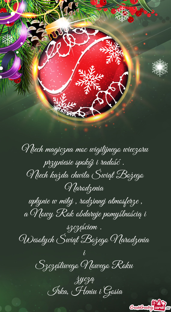 Wesołych Świąt Bożego Narodzenia i Szczęśliwego Nowego Roku życzą Irka