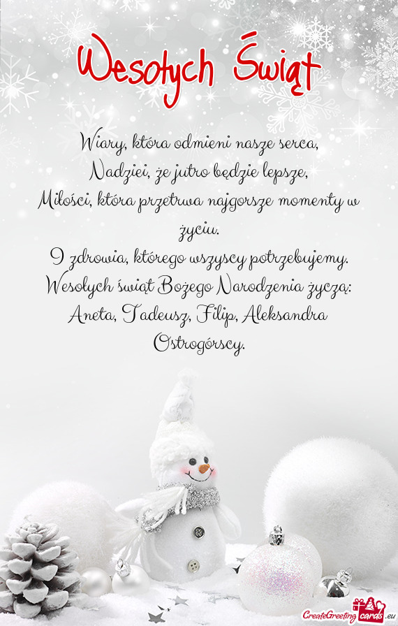 Wesołych świąt Bożego Narodzenia życzą: Aneta, Tadeusz, Filip, Aleksandra Ostrogórscy