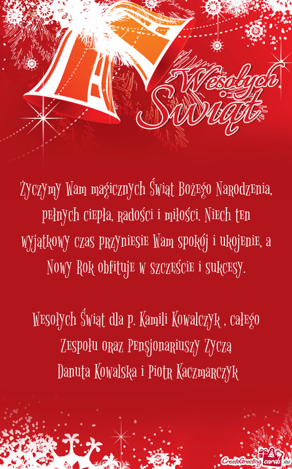 Wesołych Świąt dla p. Kamili Kowalczyk , całego Zespołu oraz Pensjonariuszy Zyczą