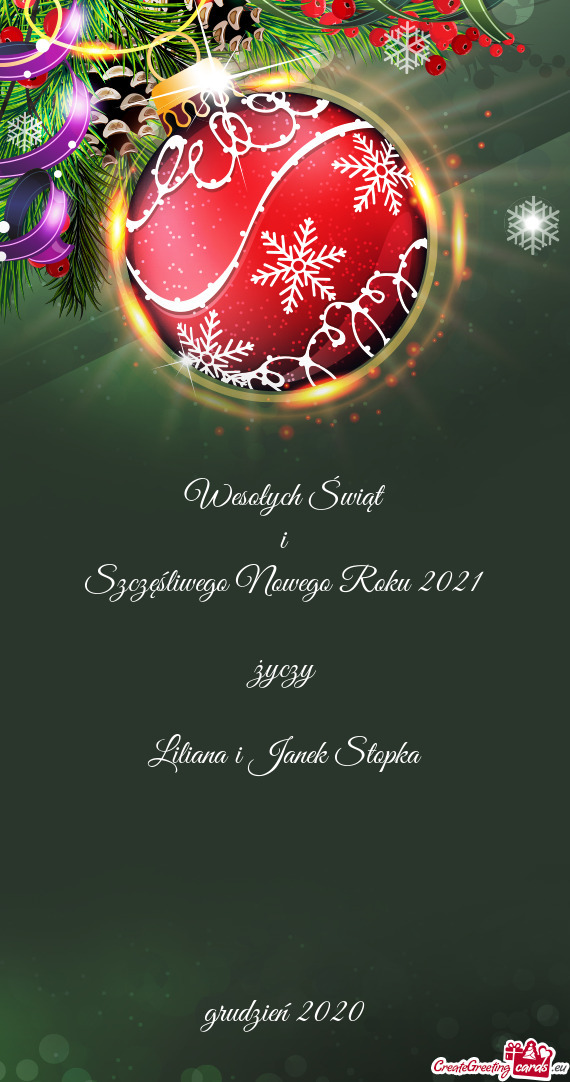 Wesołych Świąt
 i
 Szczęśliwego Nowego Roku 2021
 
 życzy
 
 Liliana i Janek Stopka
