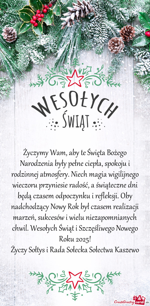 Wesołych Świąt i Szczęśliwego Nowego Roku 2025! Sołtys i Rada Sołecka Sołectwa Kasz